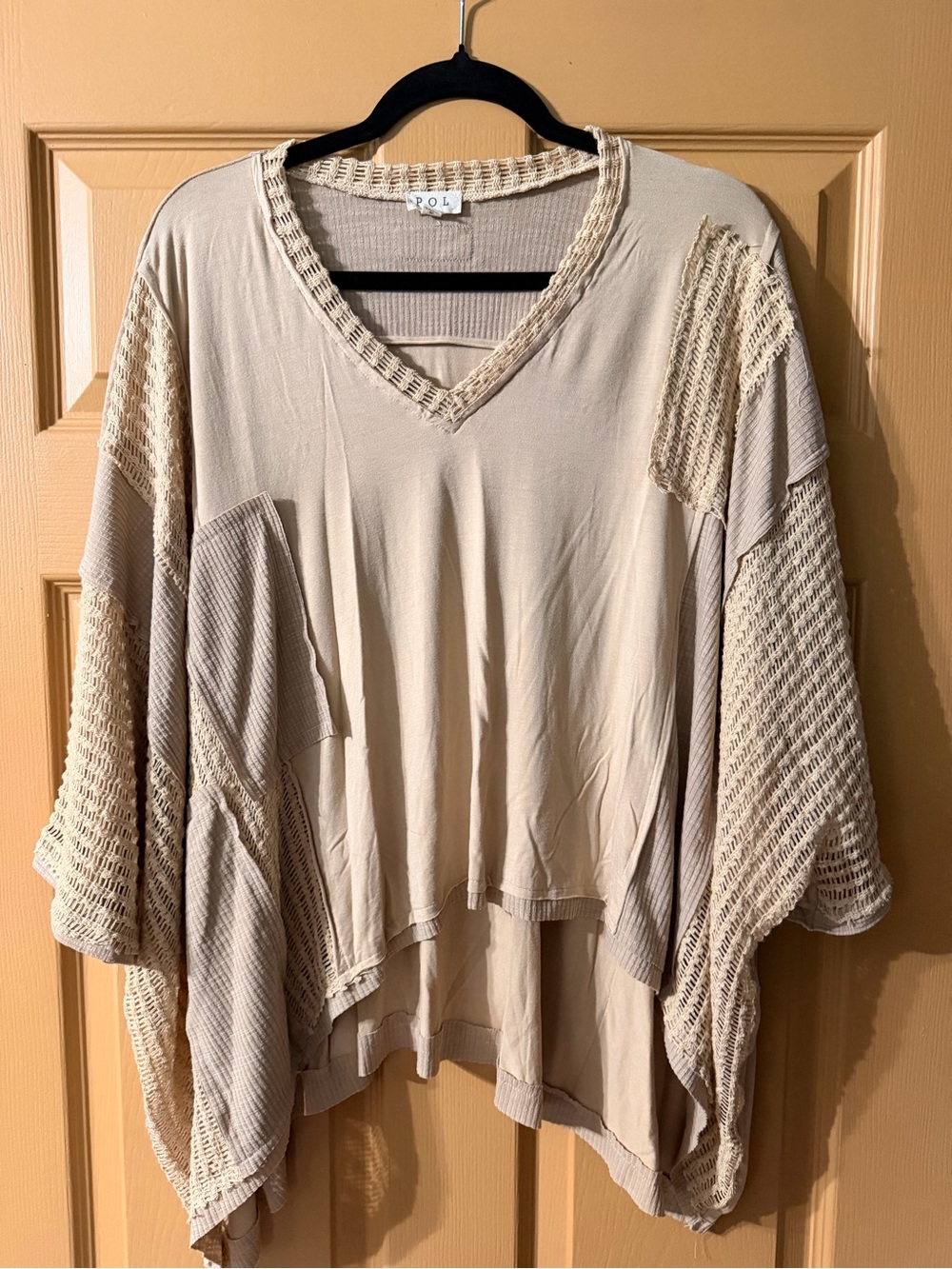 Three Bird Nest Neutral Crochet-Trim V-Neck Tunic Top